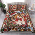 Festive Sheltie quilt blanket styled on a bed with Santa hats, poinsettias, gifts, and snowy holiday scenes