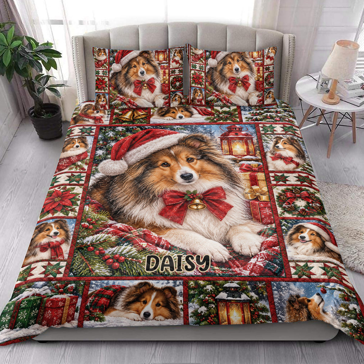 Festive Sheltie quilt blanket styled on a bed with Santa hats, poinsettias, gifts, and snowy holiday scenes
