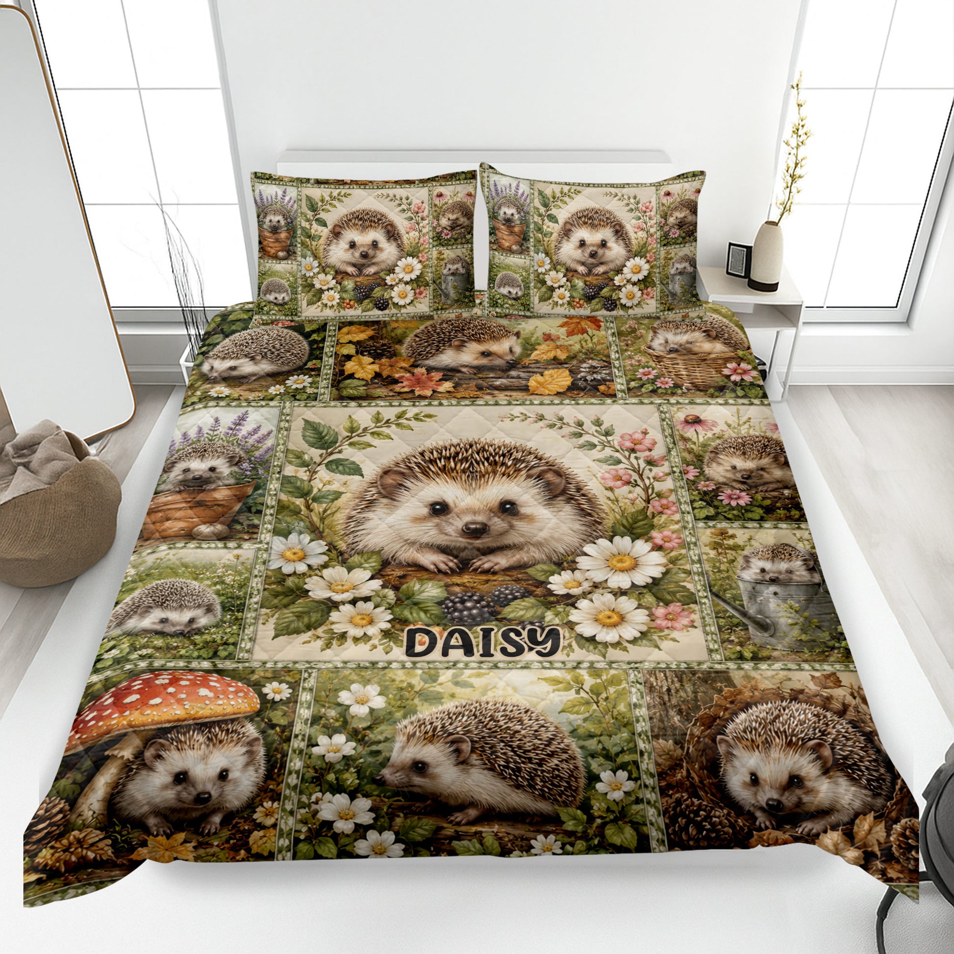 Hedgehog quilt blanket displayed on a bed with floral woodland artwork and multiple hedgehog scenes