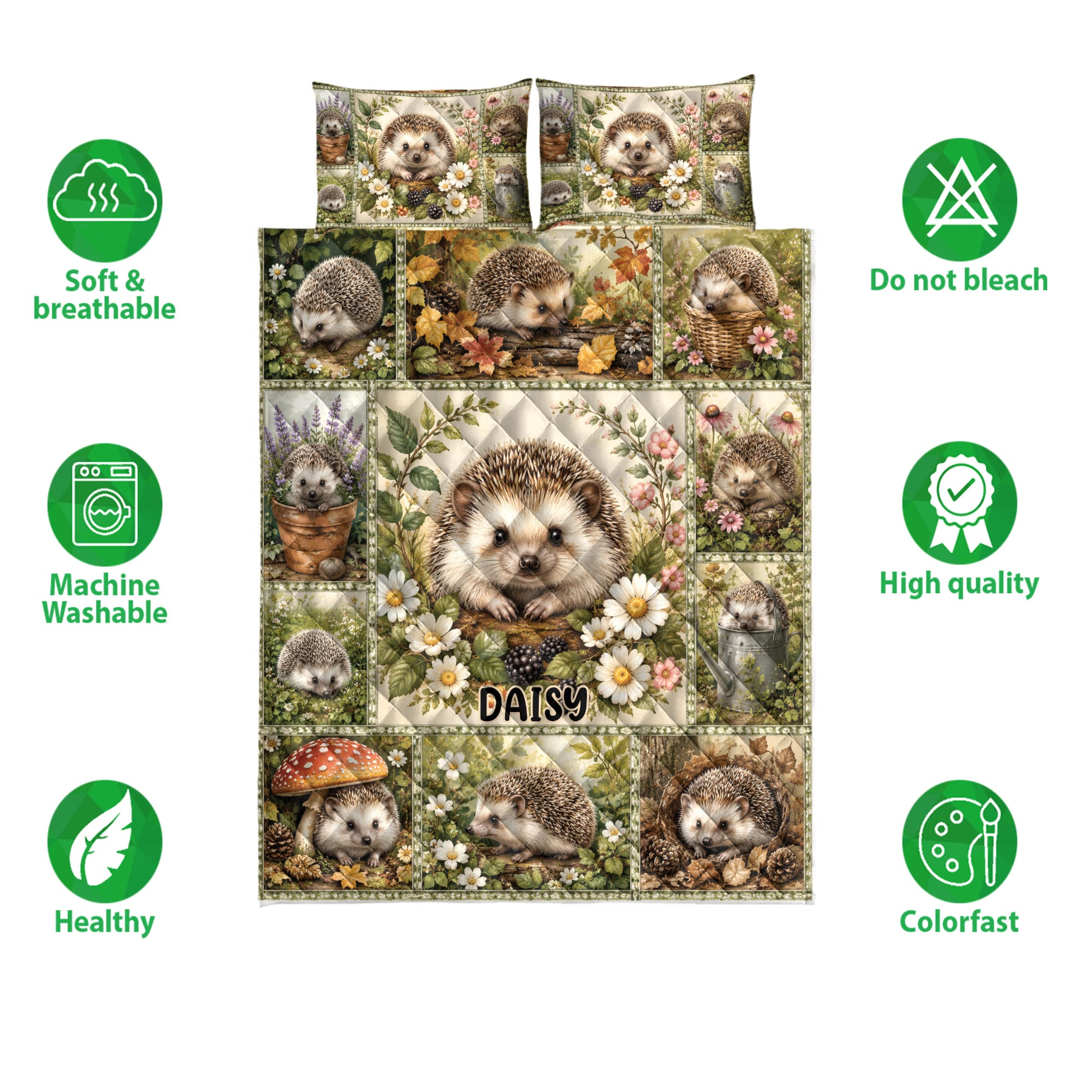 Hedgehog quilt bedding set shown with floral artwork and icons highlighting softness, washability, and color