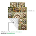 Hedgehog quilt showing the printed floral woodland side and a white diamond-quilted reverse