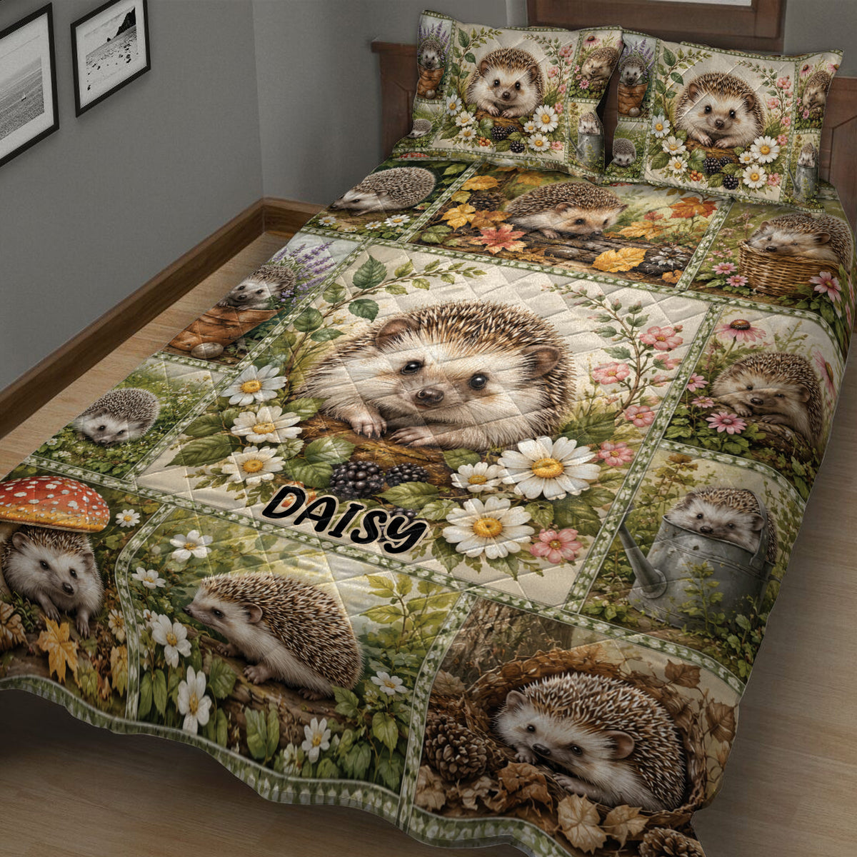 Close view of a hedgehog quilt blanket with detailed woodland artwork, flowers, leaves, and autumn foliage