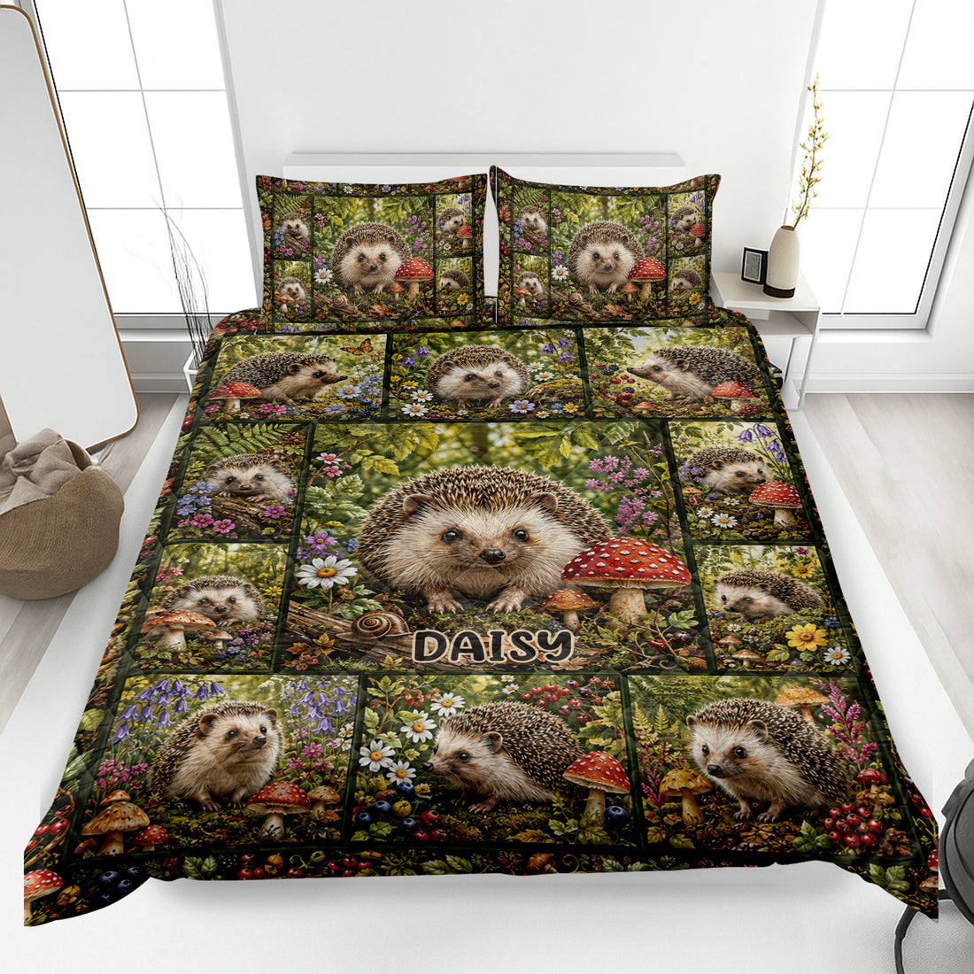 Hedgehog quilt blanket bedding set displayed on a bed with woodland flowers, mushrooms, and forest greenery