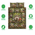 Hedgehog quilt blanket shown with soft breathable and machine washable feature icons around the woodland design