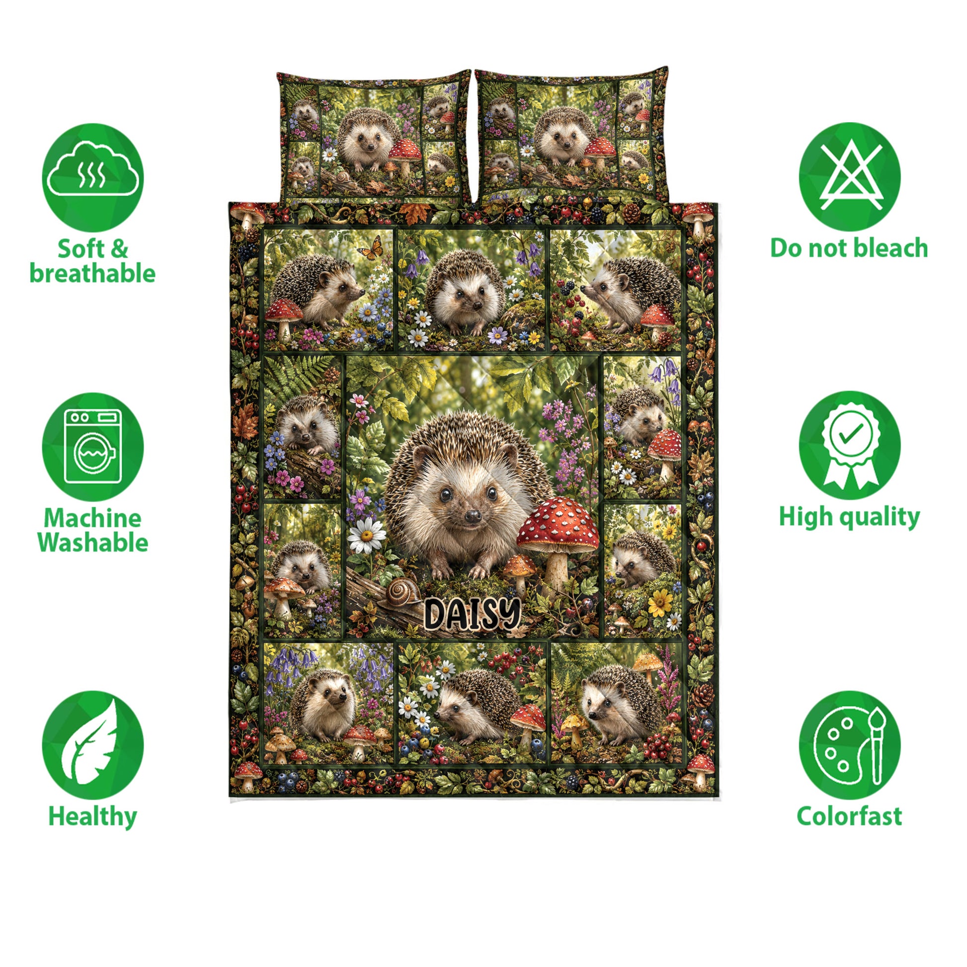 Hedgehog quilt blanket shown with soft breathable and machine washable feature icons around the woodland design