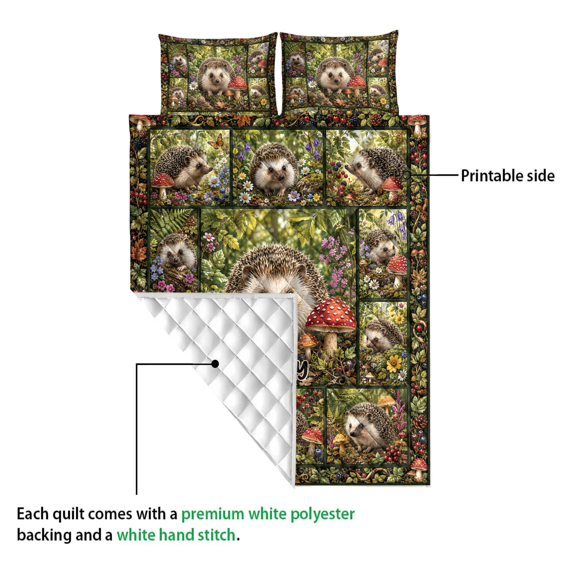 Hedgehog quilt showing the colorful printed side and white quilted reverse in a product detail view