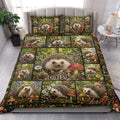 Hedgehog quilt bedding set styled on a modern bed with woodland animals, flowers, berries, and mushrooms
