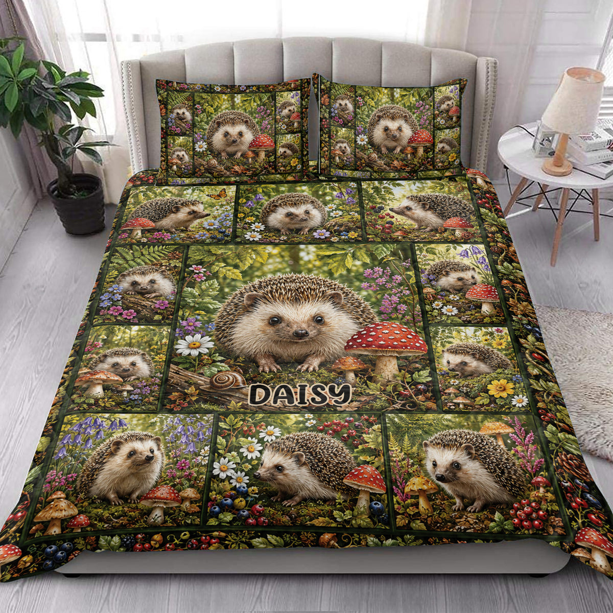 Hedgehog quilt bedding set styled on a modern bed with woodland animals, flowers, berries, and mushrooms