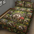 Close view of hedgehog quilt bedding with forest flowers, mushrooms, berries, and detailed woodland artwork