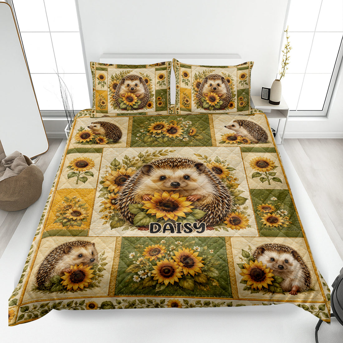 Hedgehog quilt blanket with sunflower artwork displayed across a bright bedroom bed
