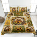 Hedgehog quilt blanket with sunflower artwork displayed across a bright bedroom bed
