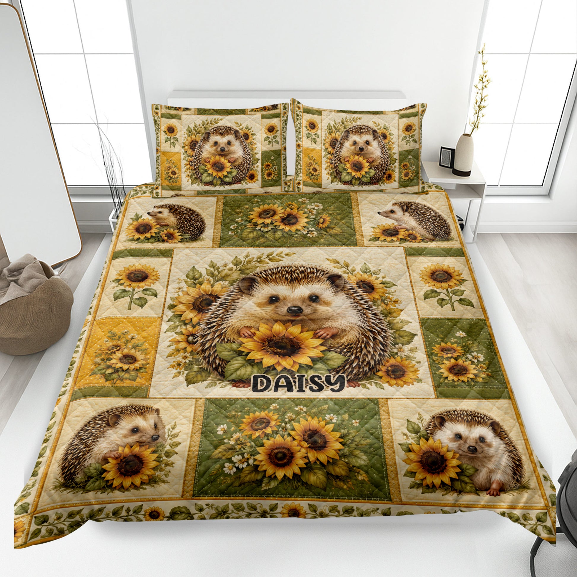 Hedgehog quilt blanket with sunflower artwork displayed across a bright bedroom bed