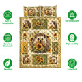 Hedgehog quilt bedding set with sunflower panels shown alongside product feature icons
