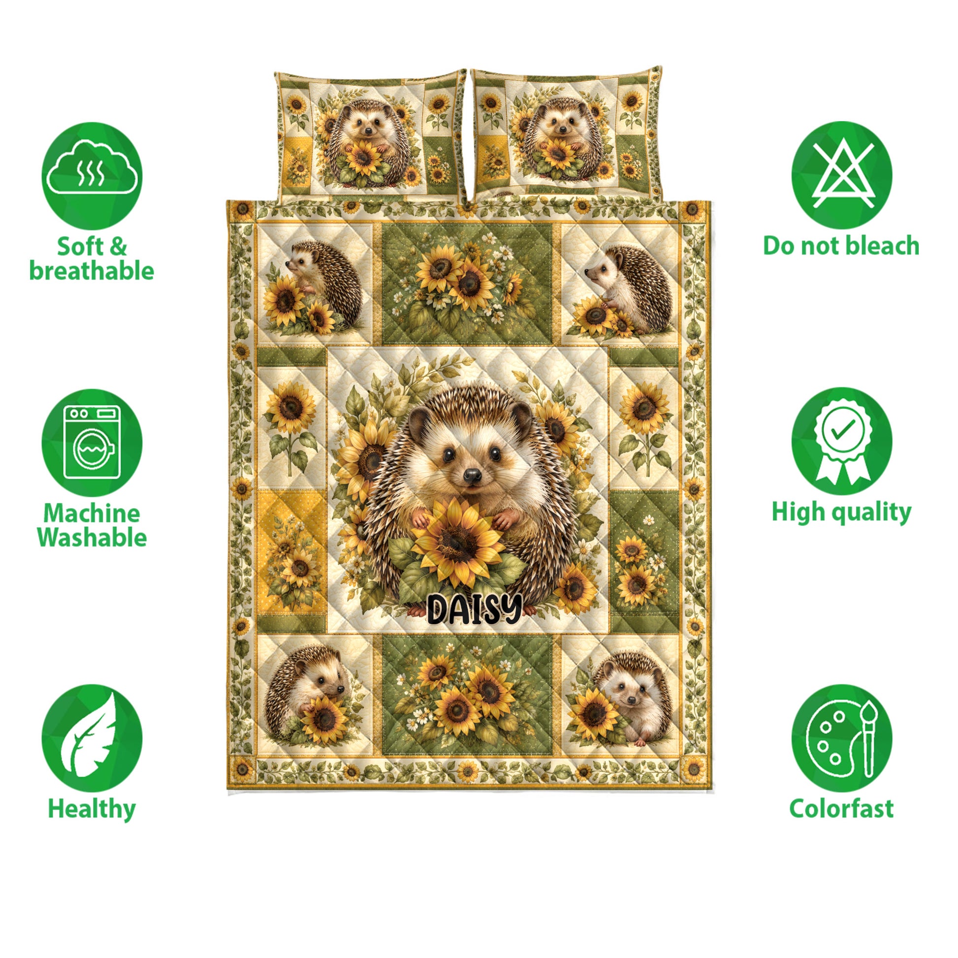 Hedgehog quilt bedding set with sunflower panels shown alongside product feature icons