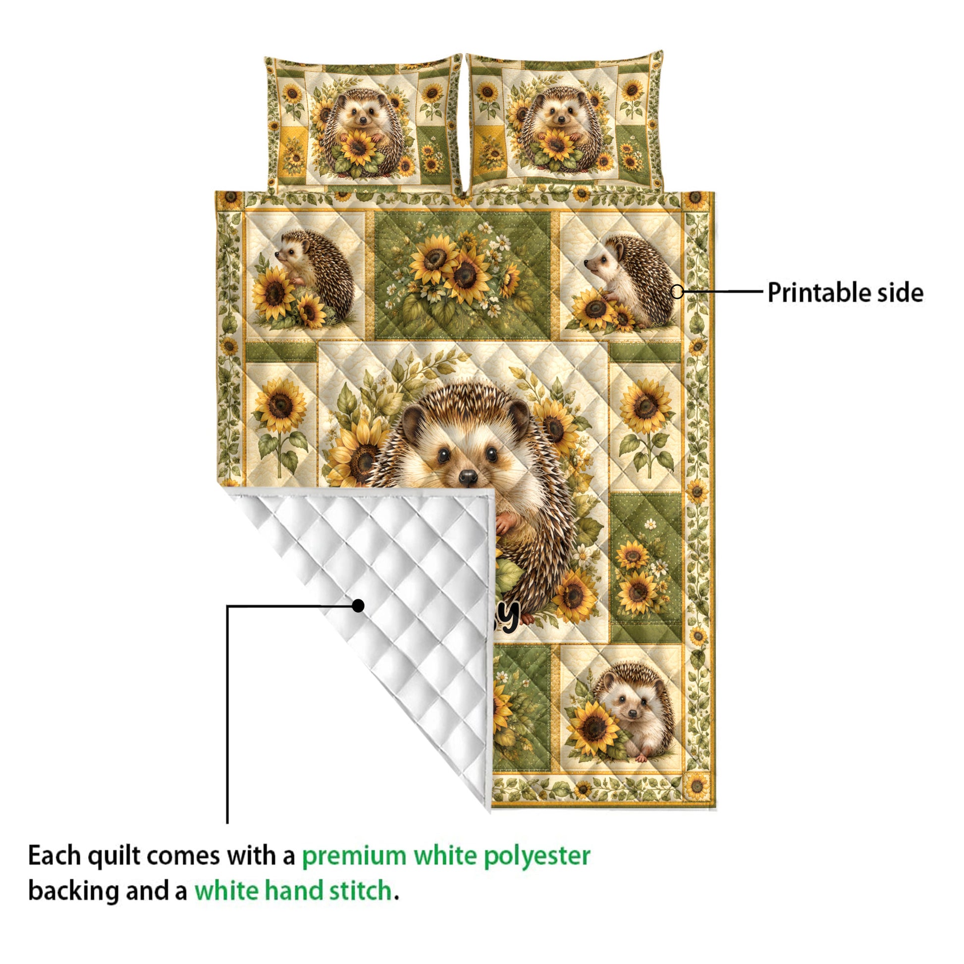 Hedgehog quilt blanket showing the printed floral side and white quilted backing