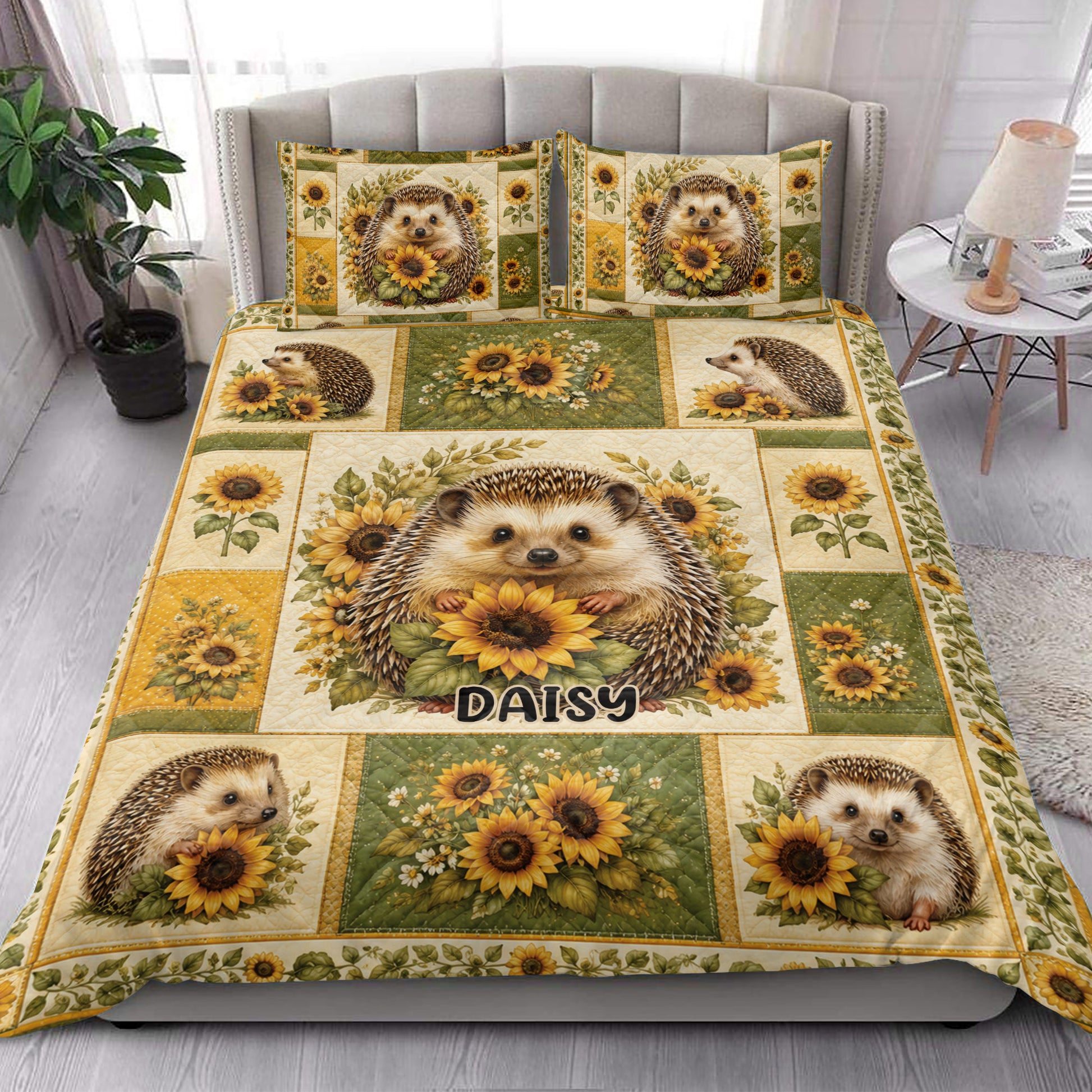 Hedgehog and sunflower quilt blanket styled on a bed in a bright bedroom