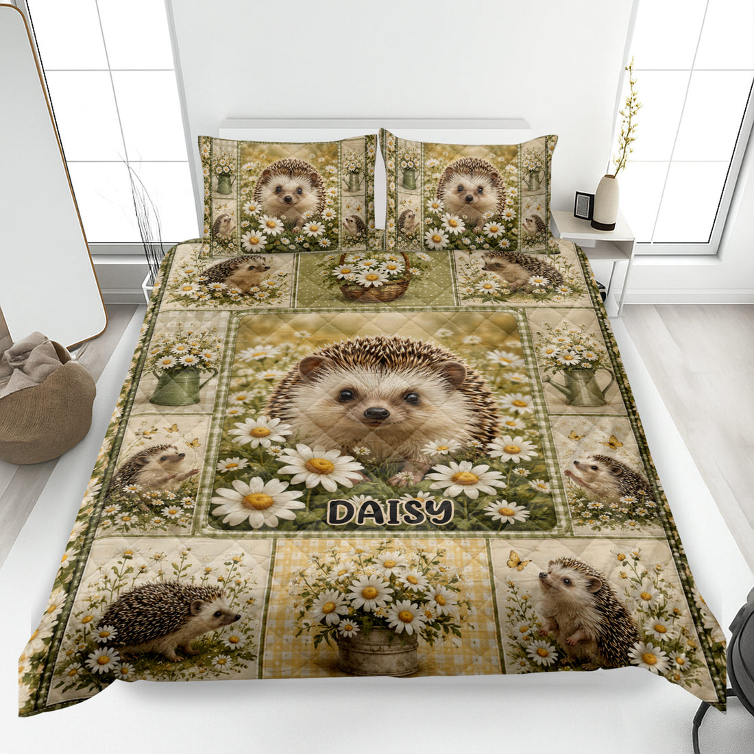 Hedgehog quilt blanket bedding set displayed on a bed with daisies and cottage garden artwork