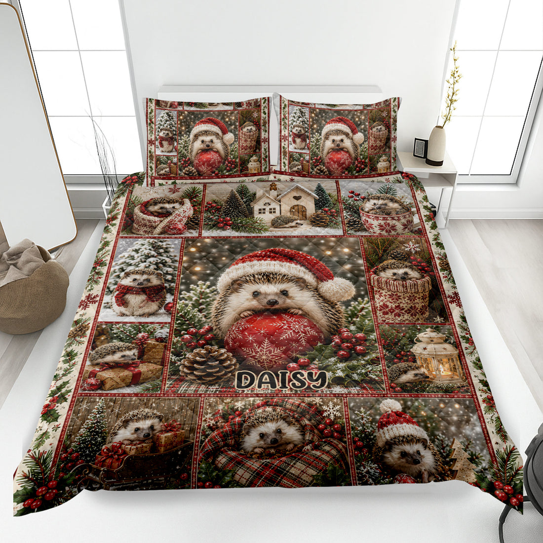 Hedgehog Christmas quilt blanket displayed on a bed with festive trees, berries, gifts, and holiday scenes