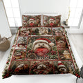 Hedgehog Christmas quilt blanket displayed on a bed with festive trees, berries, gifts, and holiday scenes