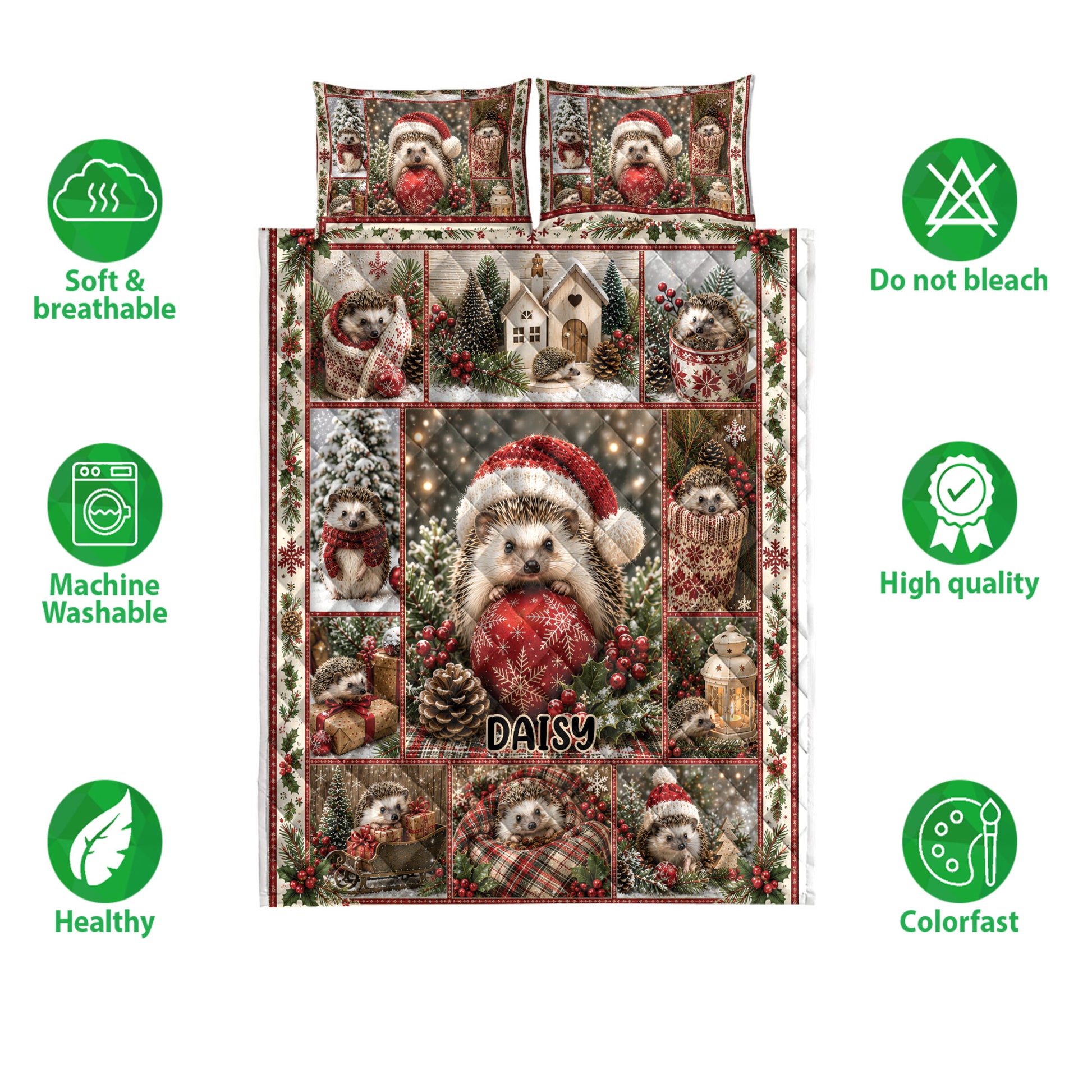 Hedgehog Christmas quilt bedding set shown with festive artwork and product feature icons