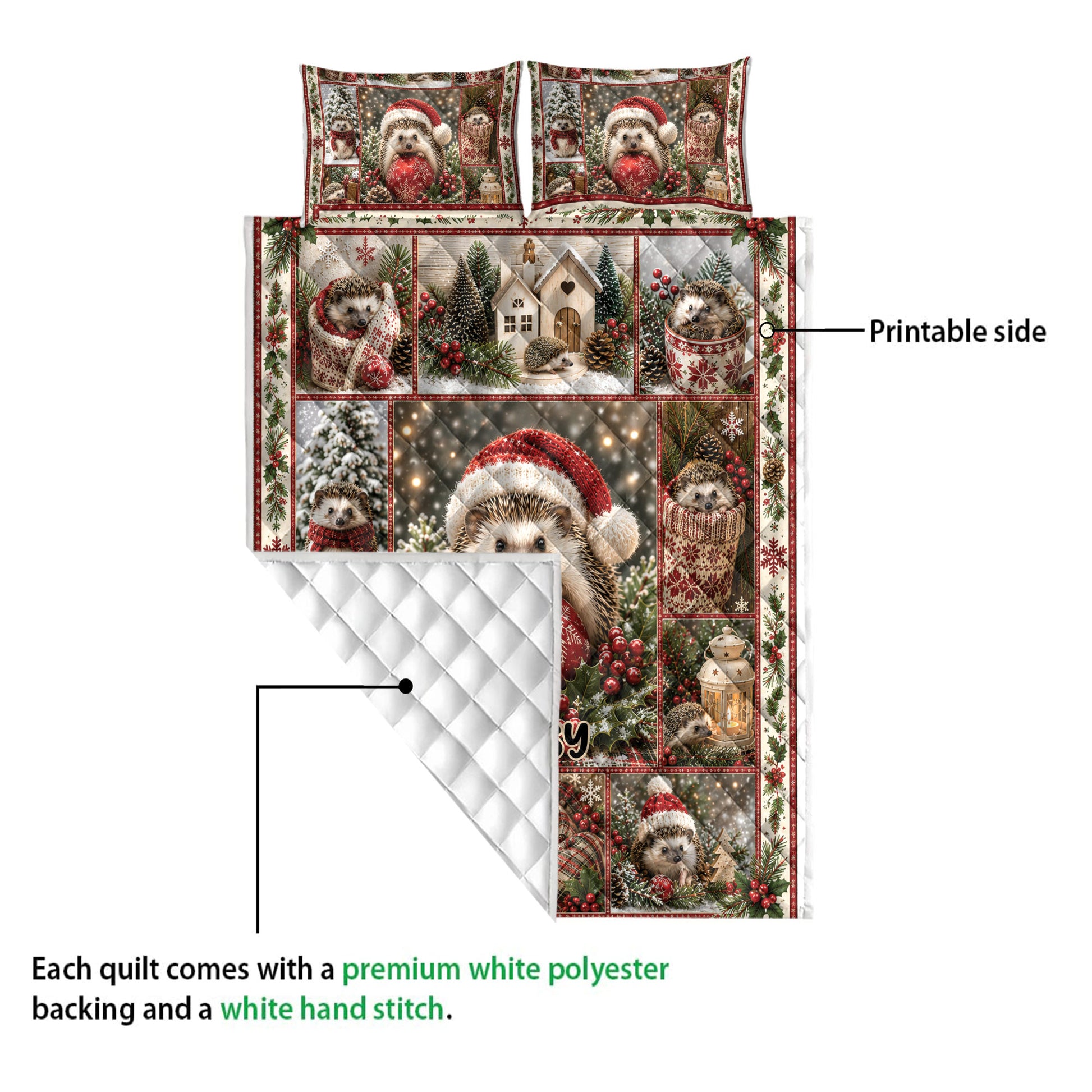 Hedgehog Christmas quilt showing the printed side and white quilted backing