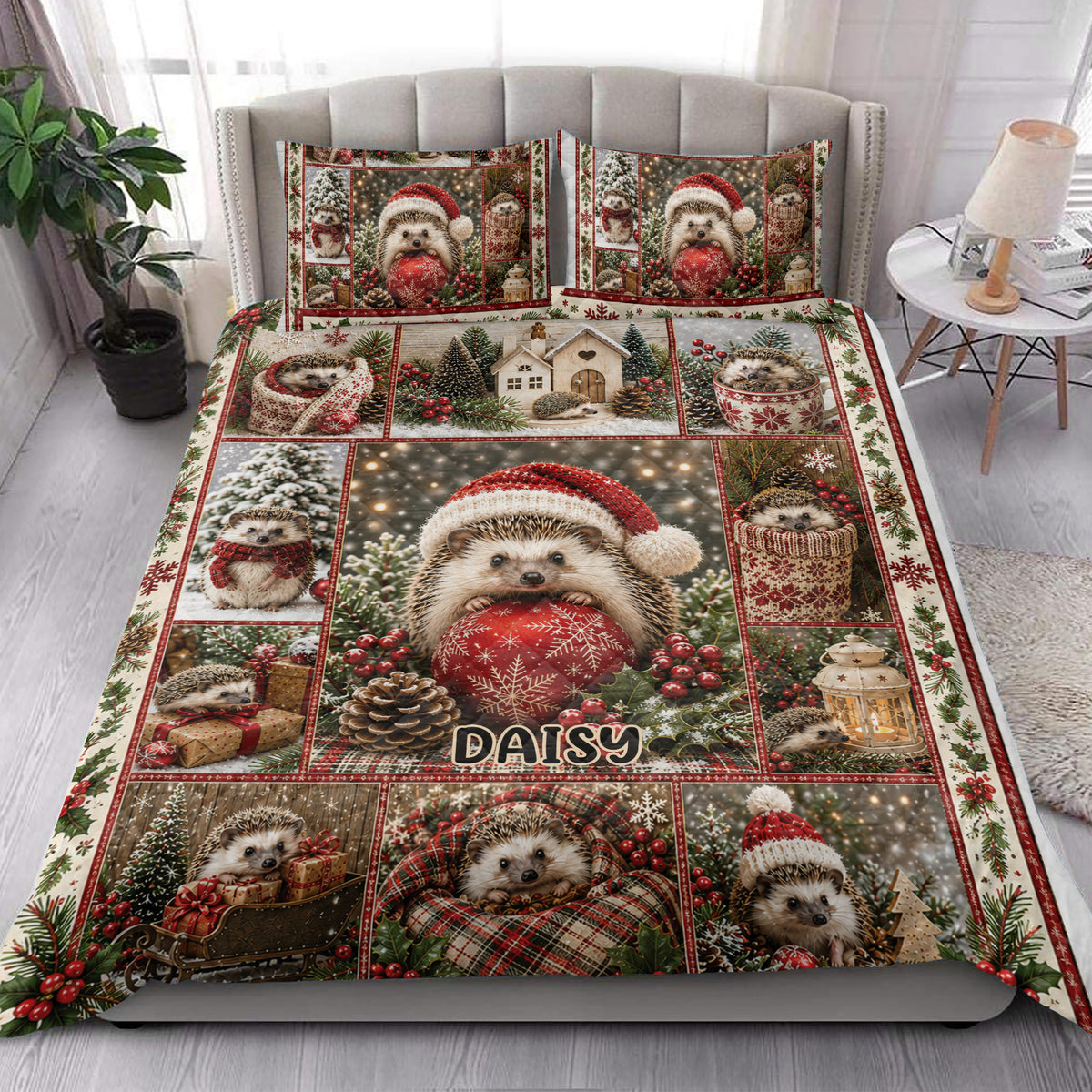 Hedgehog Christmas quilt blanket styled on a bedroom bed with matching festive pillow designs