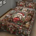 Close bedroom view of a Christmas hedgehog quilt featuring holiday scenes, snow, gifts, and pine branches