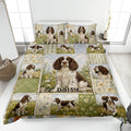 English Springer Spaniel quilt blanket displayed on a bed with floral patchwork artwork