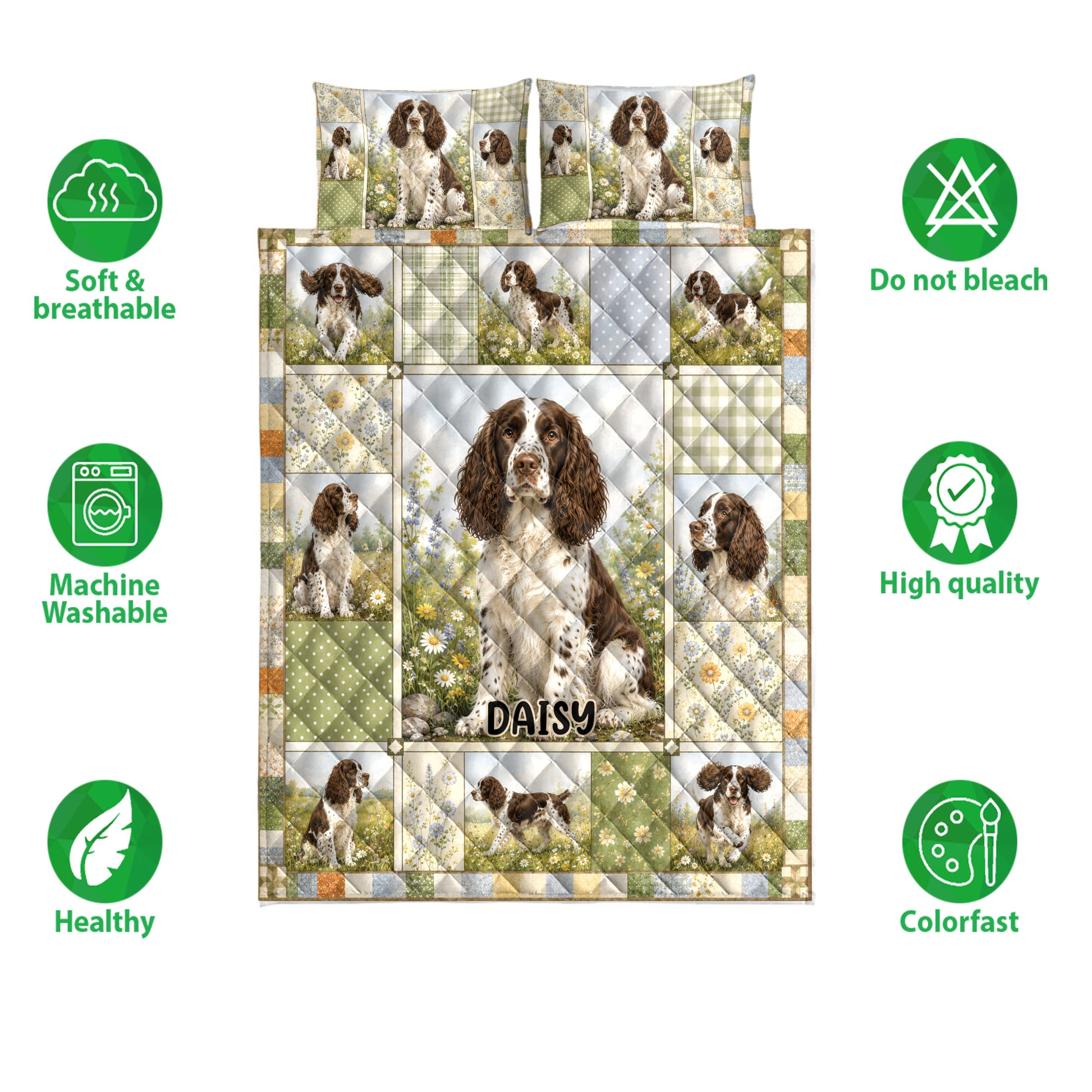 English Springer Spaniel quilt bedding set with floral dog artwork and feature icons