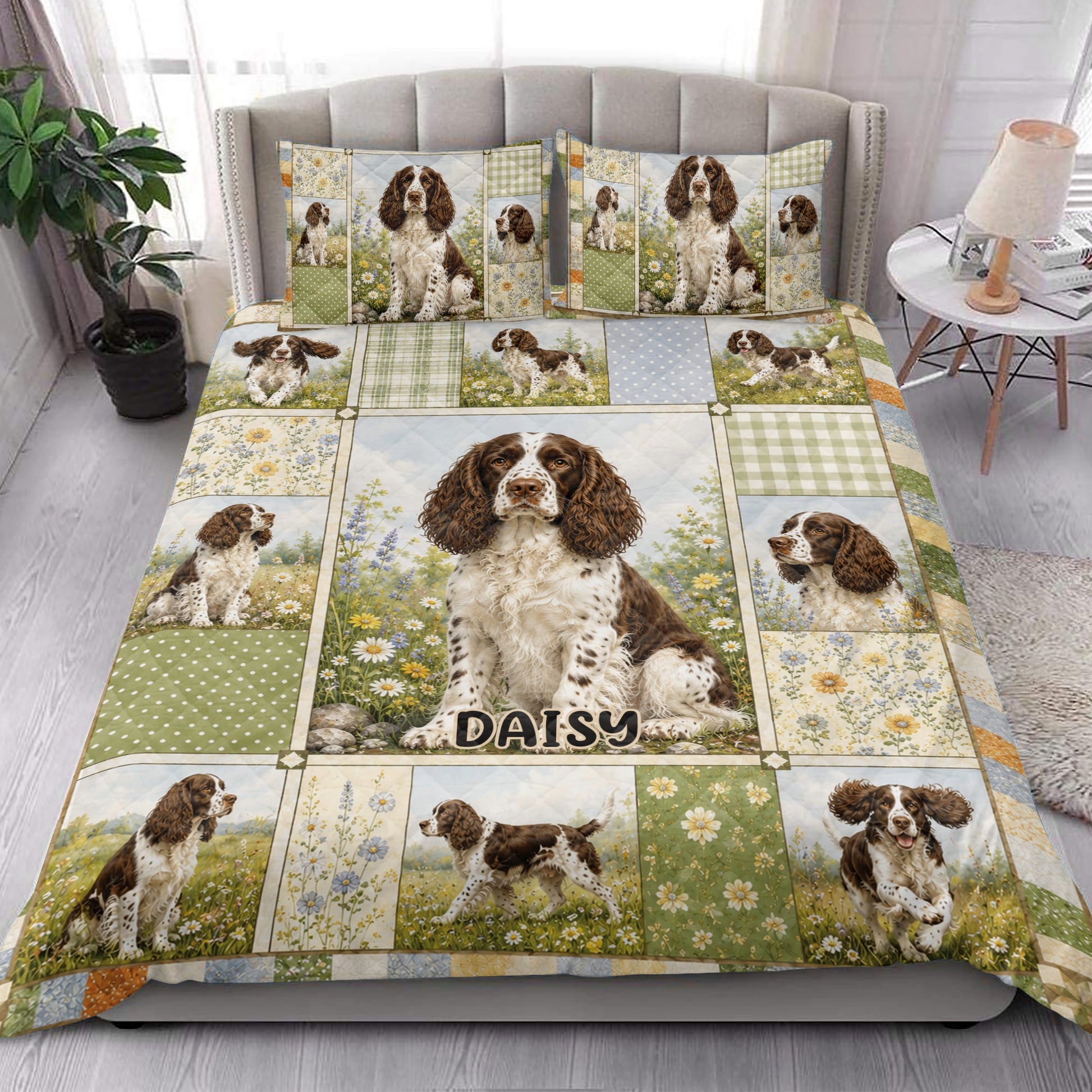 English Springer Spaniel quilt blanket styled in a bright bedroom with floral patchwork