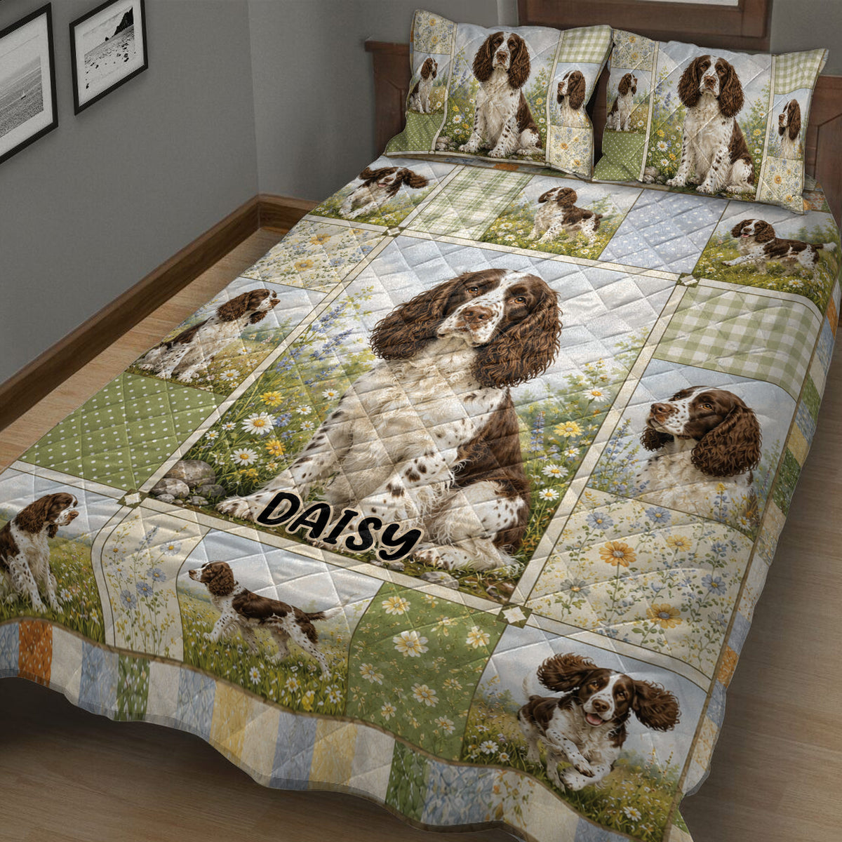English Springer Spaniel quilt bedding set shown on a bed with repeated dog portraits