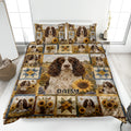 English Springer Spaniel quilt blanket displayed on a bed with sunflower patchwork and countryside artwork