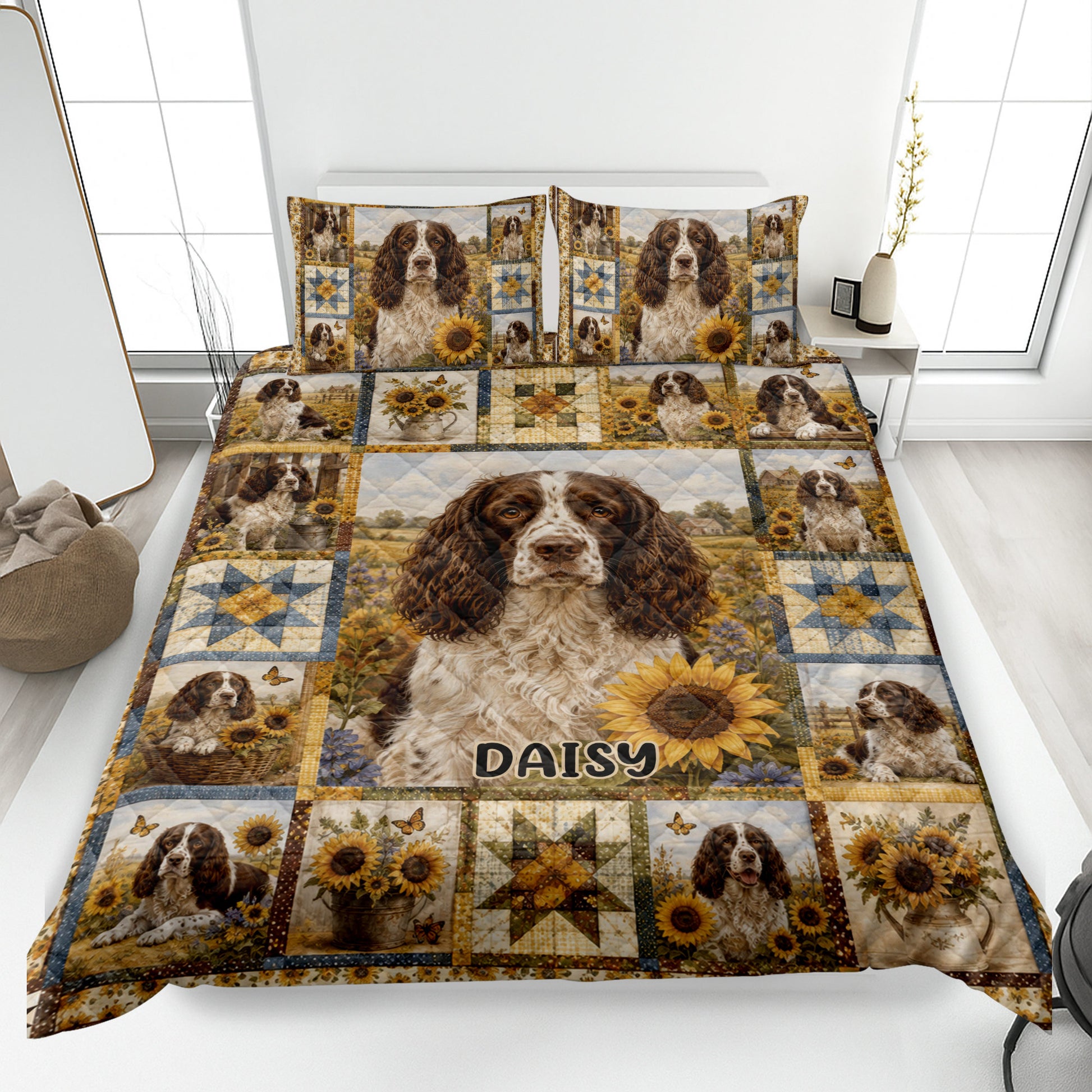 English Springer Spaniel quilt blanket displayed on a bed with sunflower patchwork and countryside artwork