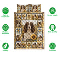 English Springer Spaniel quilt bedding set shown with sunflower artwork, quilted panels, and care icons