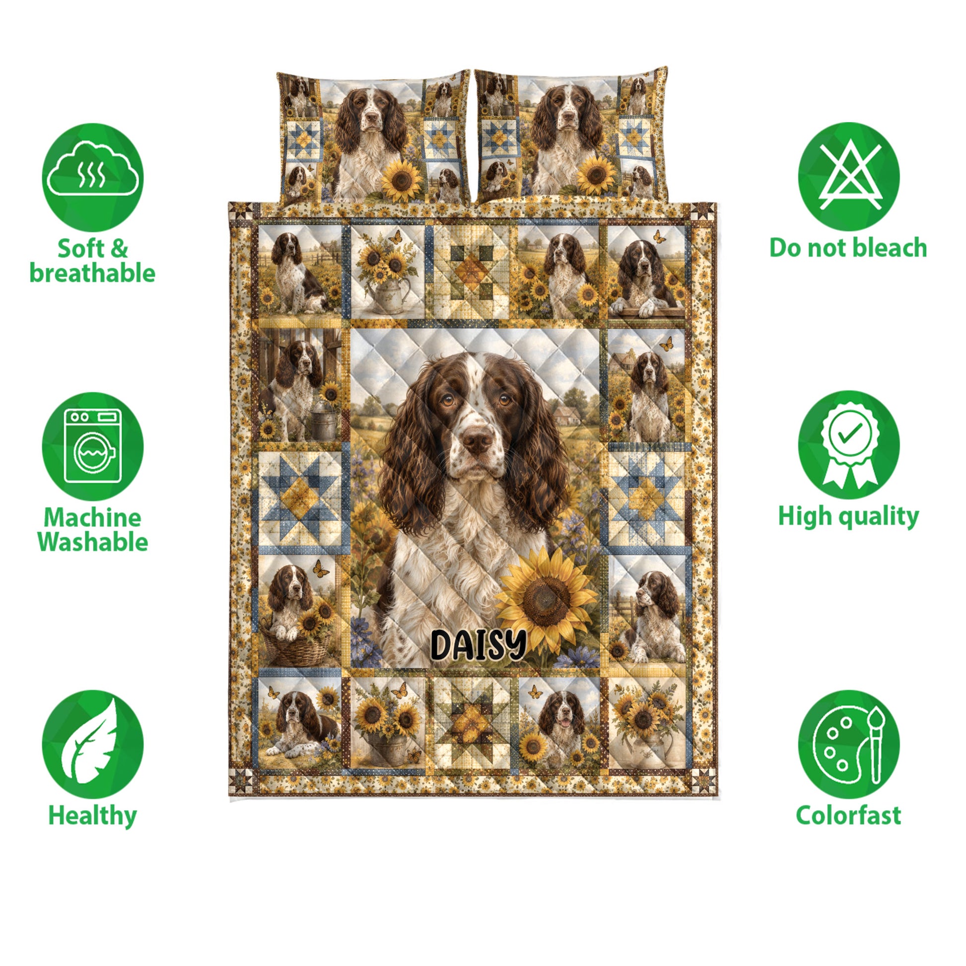 English Springer Spaniel quilt bedding set shown with sunflower artwork, quilted panels, and care icons