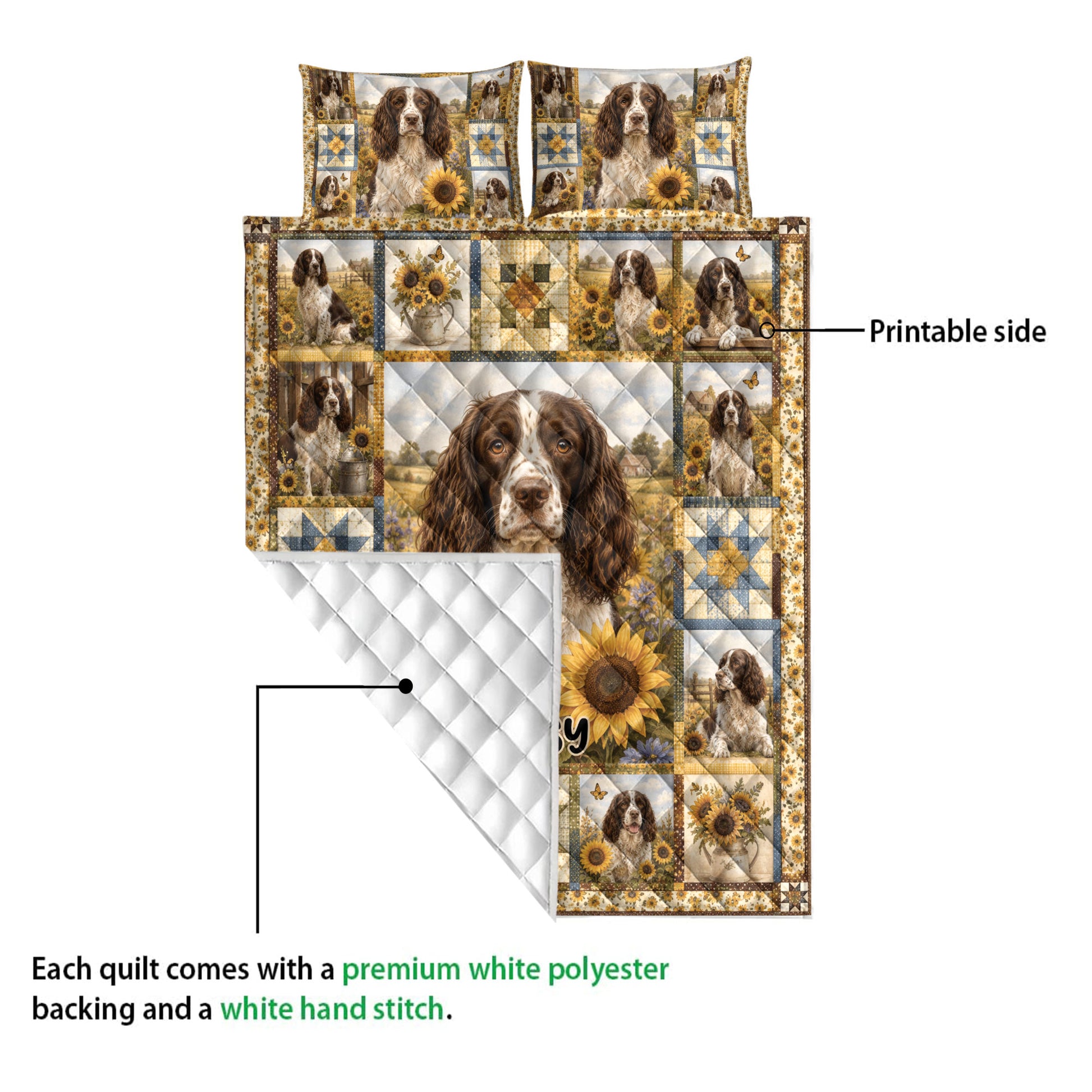English Springer Spaniel quilt blanket showing the printed front and white quilted reverse