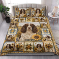 English Springer Spaniel quilt blanket styled in a bright bedroom with sunflower and dog artwork