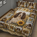 English Springer Spaniel quilt bedding displayed in a cozy bedroom with rustic sunflower patchwork