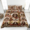 English Springer Spaniel Christmas quilt blanket displayed on a bed with festive plaid and holly artwork