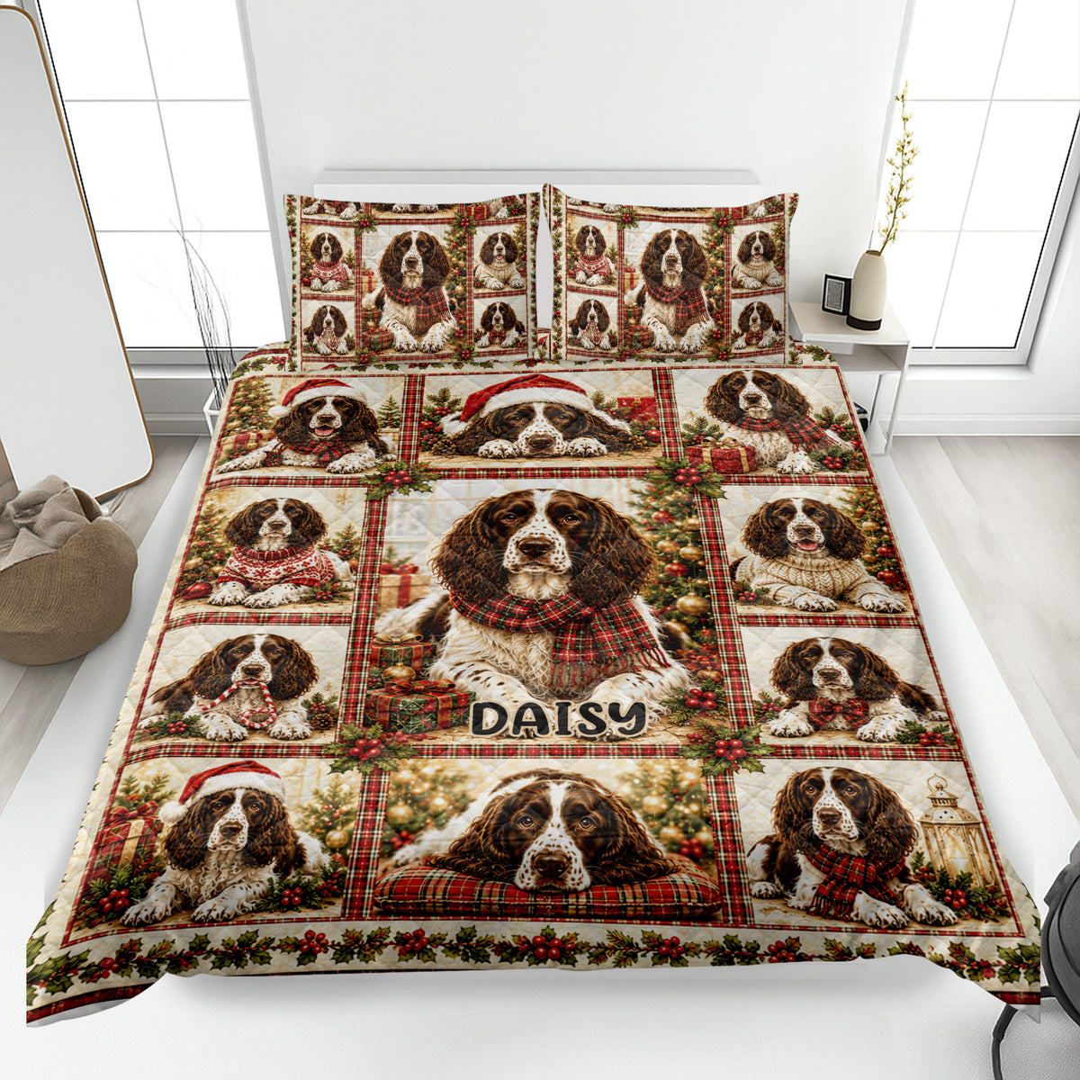 English Springer Spaniel Christmas quilt blanket displayed on a bed with festive plaid and holly artwork