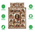 English Springer Spaniel quilt bedding set shown with soft breathable and colorfast product feature icons