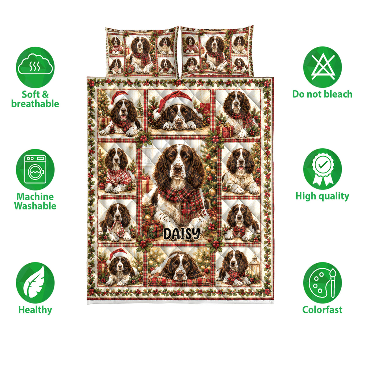 English Springer Spaniel quilt bedding set shown with soft breathable and colorfast product feature icons