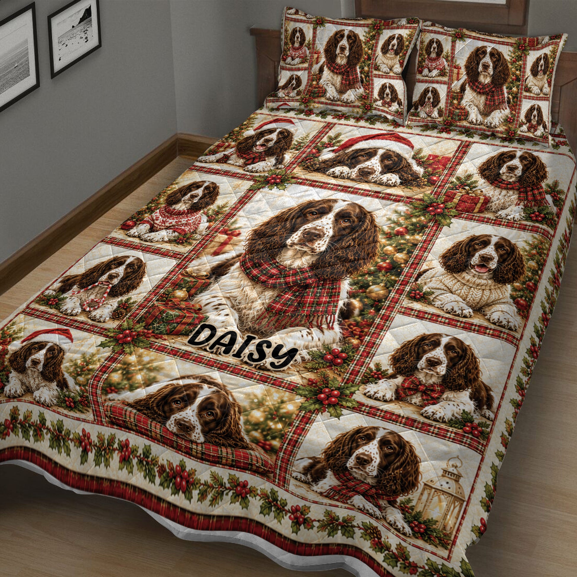Close bedroom view of English Springer Spaniel Christmas quilt bedding with plaid, gifts and holly details