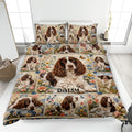 English Springer Spaniel quilt blanket displayed on a bed with floral dog artwork and a custom design