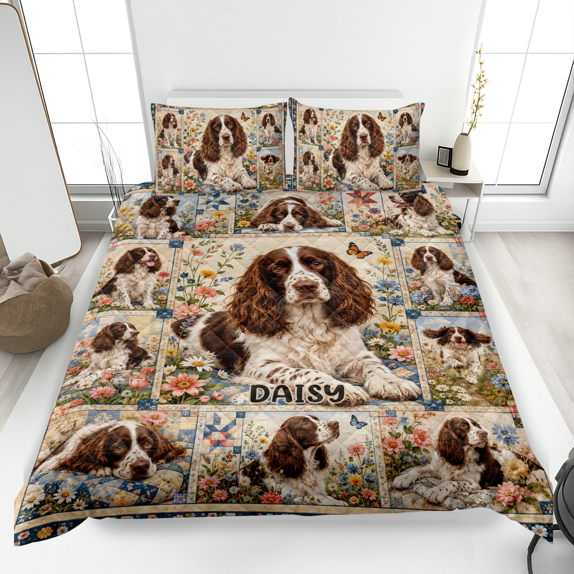 English Springer Spaniel quilt blanket displayed on a bed with floral dog artwork and a custom design