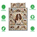 English Springer Spaniel quilt bedding set shown with floral dog artwork and product feature icons