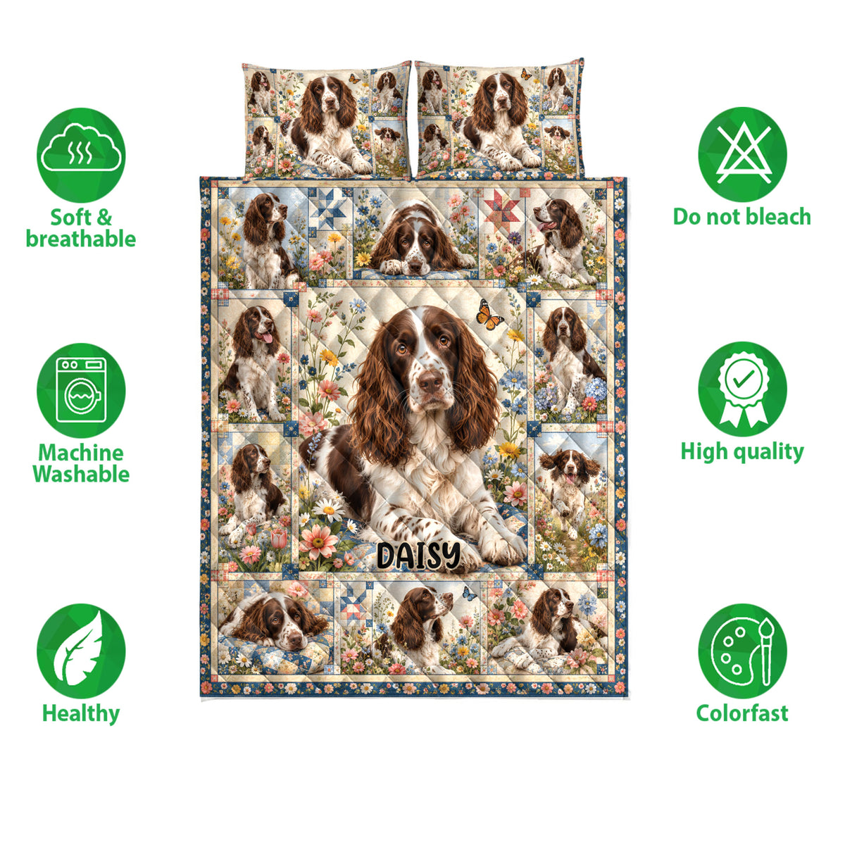 English Springer Spaniel quilt bedding set shown with floral dog artwork and product feature icons