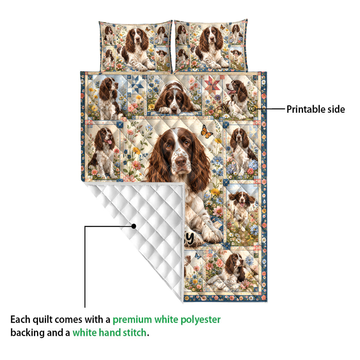 English Springer Spaniel quilt showing the printed floral side and white quilted backing
