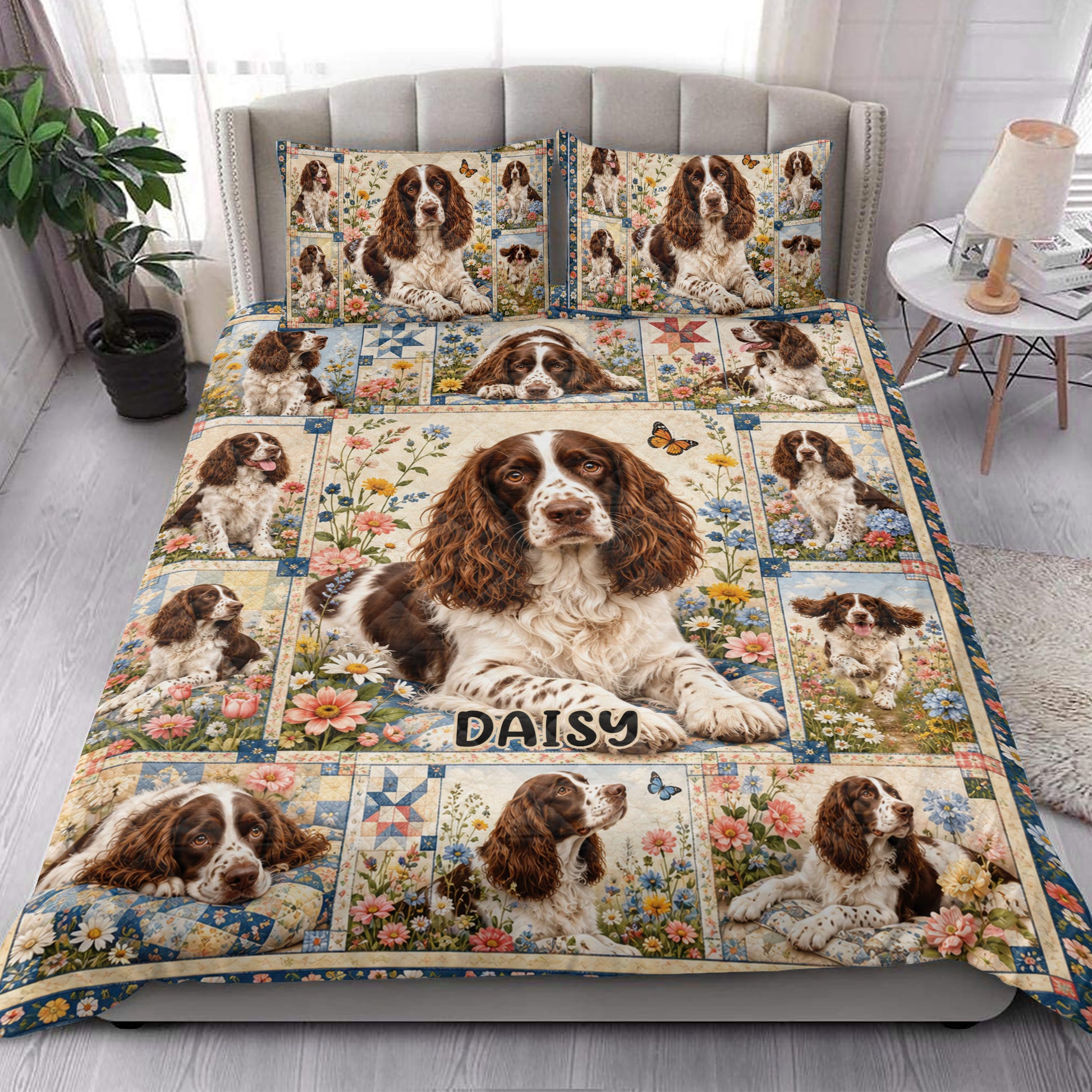 English Springer Spaniel quilt blanket styled on a bed with colorful flowers and repeated dog portraits
