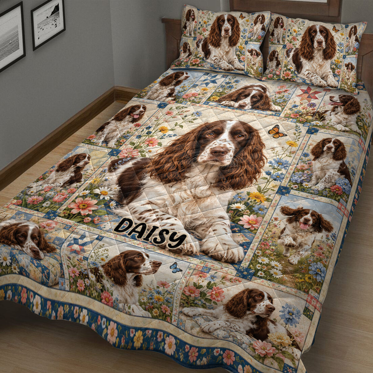 English Springer Spaniel quilt bedding displayed in a bedroom with garden-inspired floral artwork